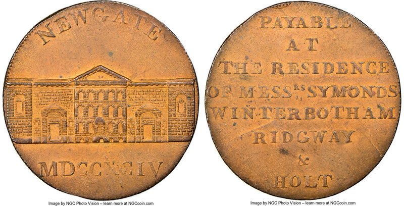 Middlesex. Newgate copper 1/2 Penny Token 1794 MS62 Brown NGC, D&H-393. Edge gra...