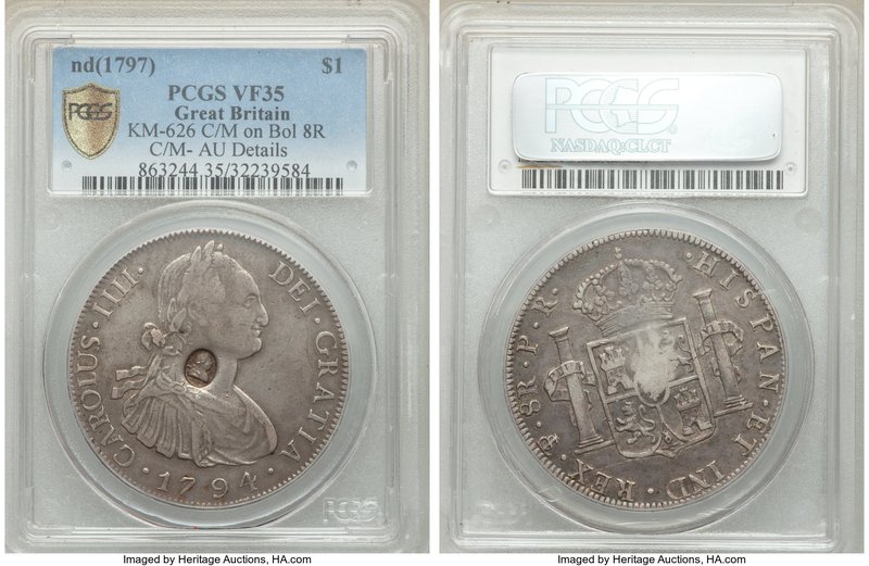 George III Counterstamped Bank Dollar ND (1797-1799) VF35 PCGS, KM626. Displayin...