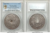 George III Counterstamped Bank Dollar ND (1797-1799) VF35 PCGS, KM626. Displaying oval counterstamp (AU Details) on Bolivia 8 Reales.

HID09801242017
