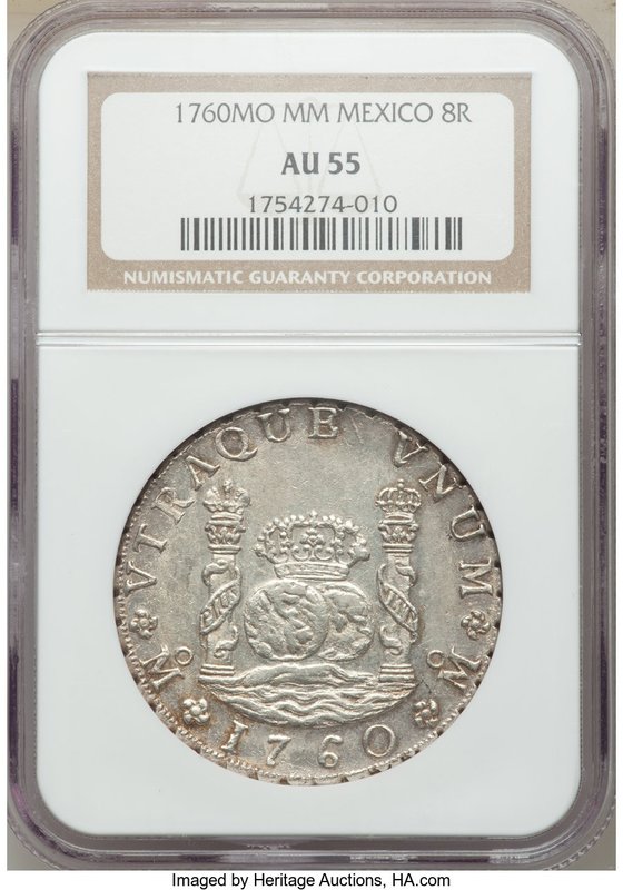 Charles III 8 Reales 1760 Mo-MM AU55 NGC, Mexico City mint, KM105.

HID098012420...