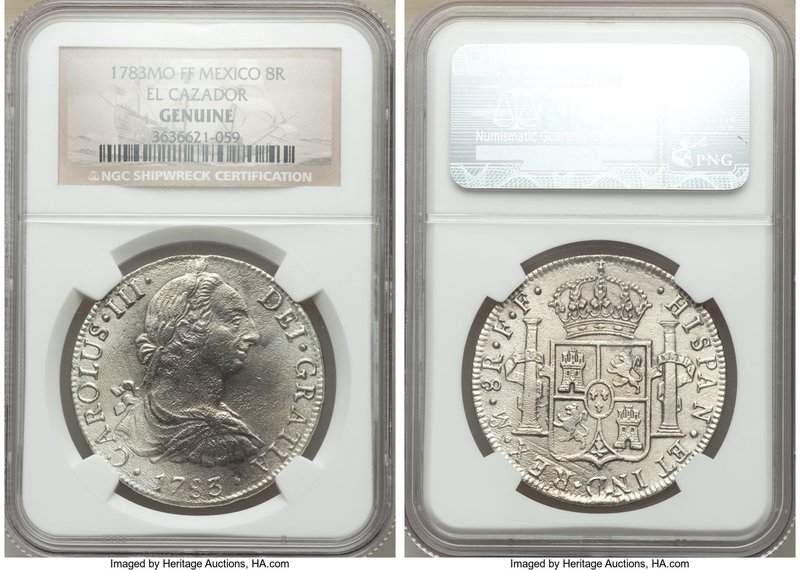 Charles III "El Cazador" Shipwreck 8 Reales 1783 Mo-FF Genuine NGC, KM106.2.

HI...