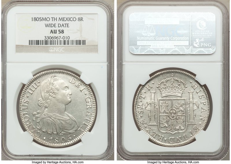 Charles IV 8 Reales 1805 Mo-TH AU58 NGC, Mexico City mint, KM109. Variety with w...