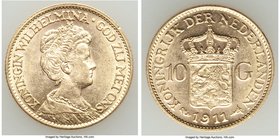 Wilhelmina gold 10 Gulden 1911 UNC, KM149. 22.4mm. 6.73gm. AGW 0.1947 oz. 

HID09801242017
