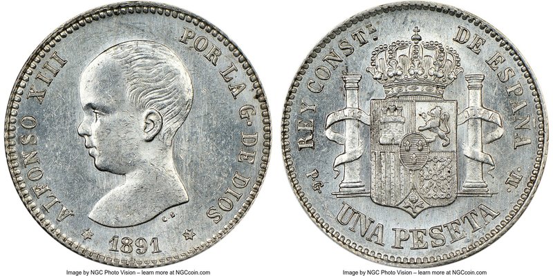 Alfonso XIII Peseta 1891(91) PG-M MS62 NGC, Madrid mint, KM691.

HID09801242017