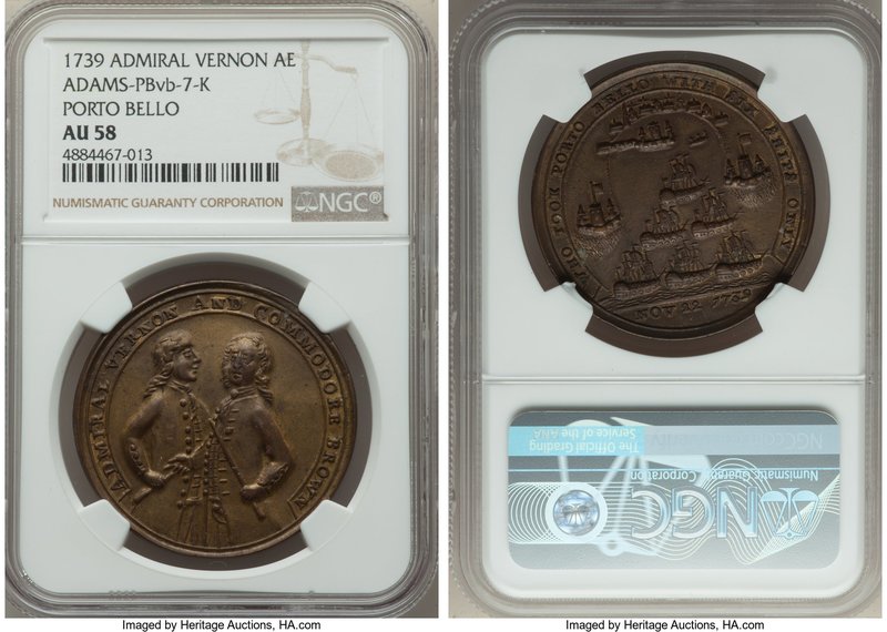 "Admiral Vernon Porto Bello" Medal 1739 AU58 NGC, Betts-255, Adams-PBvb-7-K. 38m...