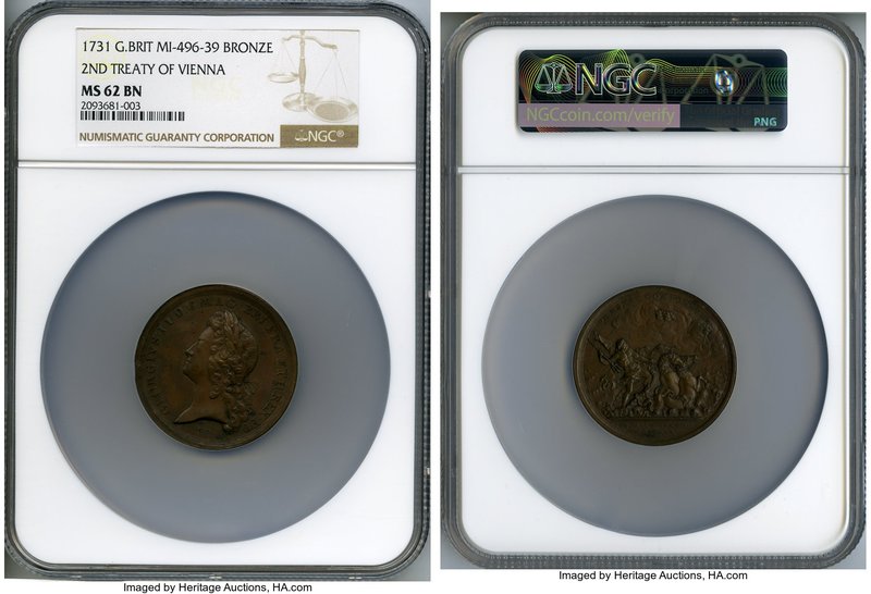 George II bronze "Second Treaty of Vienna" Medal 1731 MS62 Brown NGC, MI-496/39,...