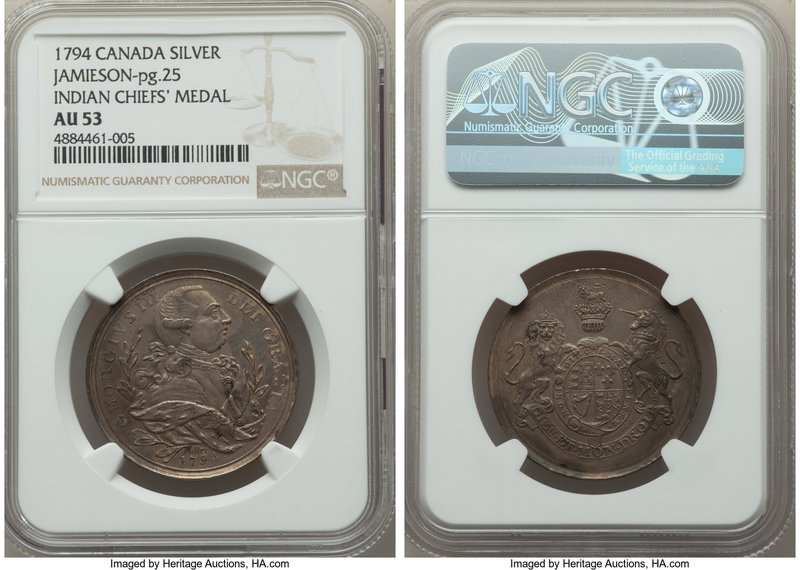 George III silver "Indian Peace" Medal 1794 AU53 NGC, Jamieson-pg. 25. 32mm. By ...