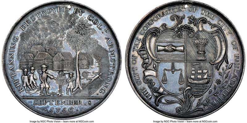 "Kittanning Destroyed" silver Medal 1756-Dated MS62 NGC, Betts-400. 44mm. Hole f...