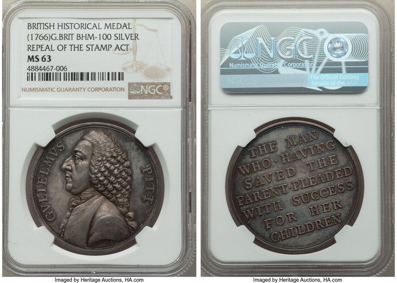 "William Pitt - Repeal of the Stamp Act" silver Medal ND (1766) MS63 NGC, Betts-...