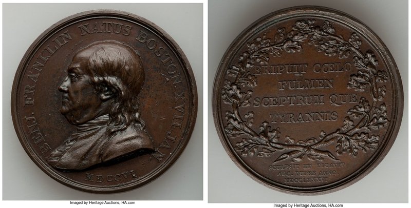 "Benjamin Franklin Born Boston" bronze Medal 1786 UNC (Lacquered), Paris mint, B...