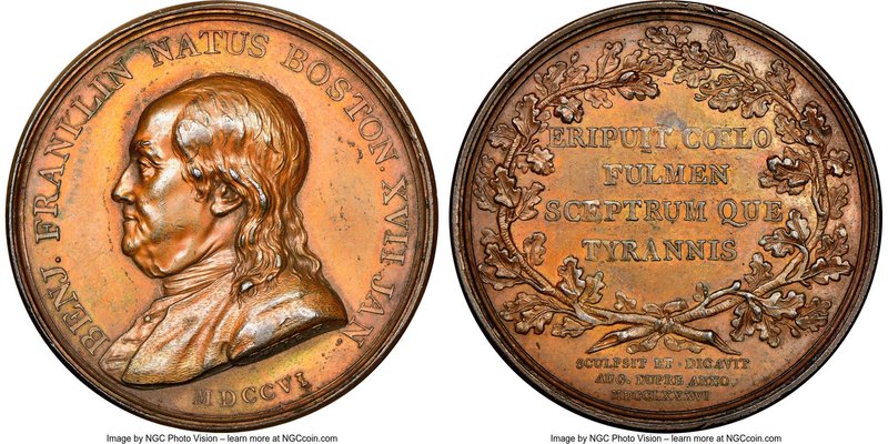 "Benjamin Franklin - Natus Boston" bronze Medal 1786-Dated AU58 Brown NGC, Betts...
