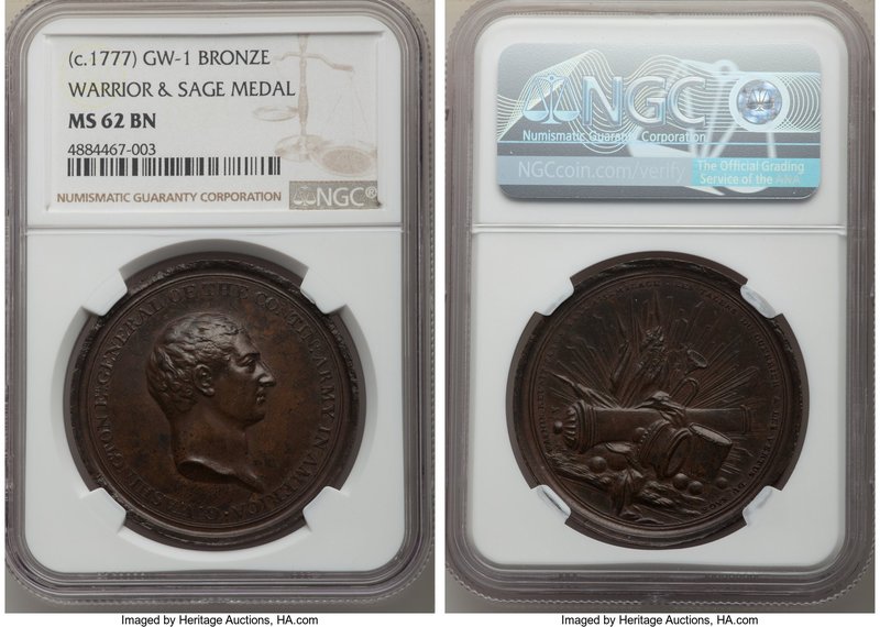 "Washington Warrior & Sage" bronze Medal ND (c. 1777) MS62 Brown NGC, Betts-544,...
