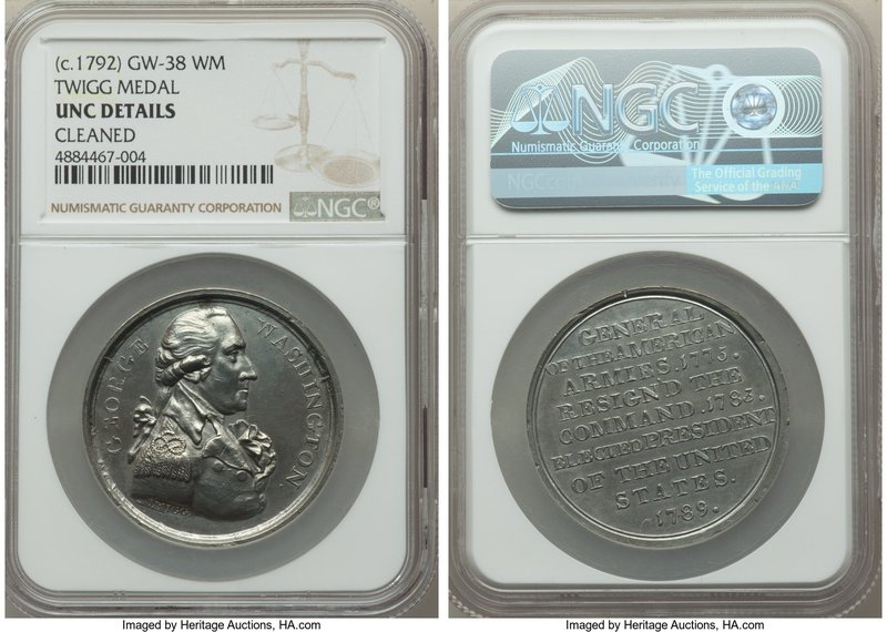 "George Washington Twigg" white-metal Medal ND (c. 1792) UNC Details (Cleaned) N...