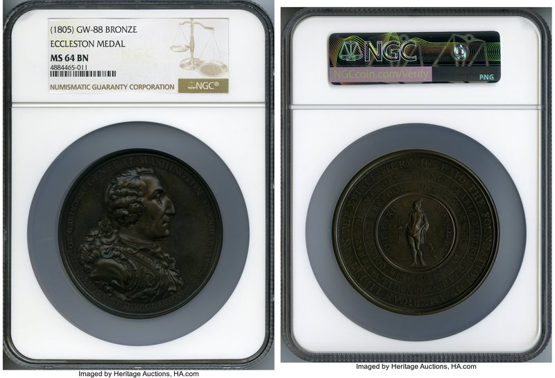 "Washington Eccleston" bronze Medal ND (1805) MS64 NGC, Baker-85, GW-88. 76mm. O...
