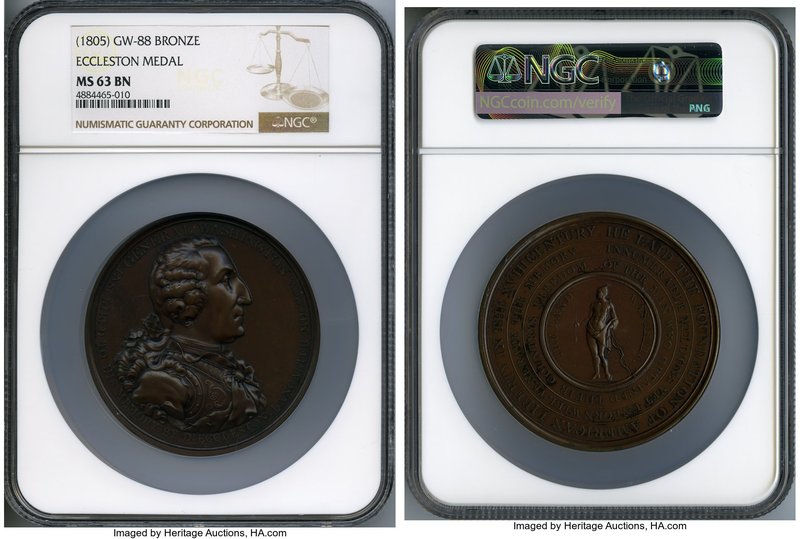 "Washington Eccleston" bronze Medal ND (1805) MS63 NGC, Baker-85. 76mm. A superb...