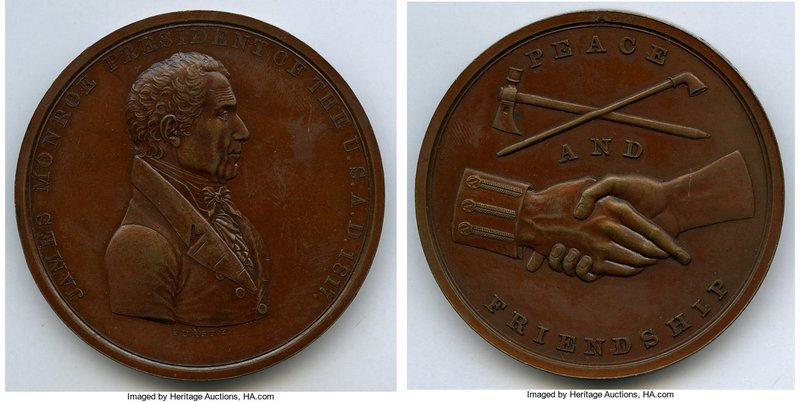 "James Monroe Indian Peace" bronzed-copper Medal 1817-Dated AU, Julian-IP-10. 63...
