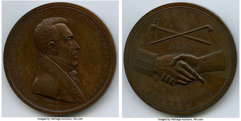 "Andrew Jackson Indian Peace" bronzed-copper Medal 1829-Dated AU, 62.3mm. 142.49...