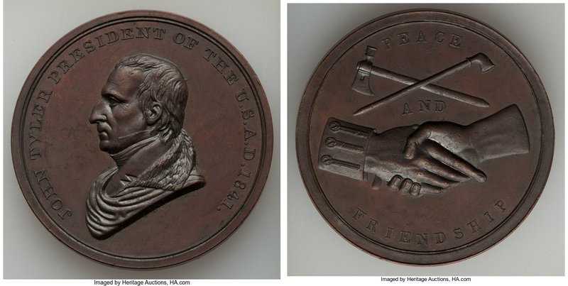 "John Tyler Indian Peace" bronzed-copper Medal 1841-Dated AU, 51mm. 62.70gm. 

H...
