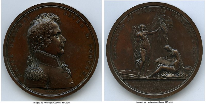 "Major General Peter B. Porter" bronze Medal 1824 UNC, Julian-MI-18. 65mm. 174.2...