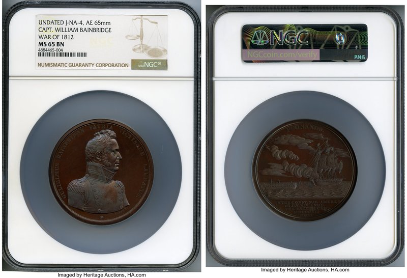 "Captain William Bainbridge - War of 1812" bronze Medal ND MS65 Brown NGC, Julia...