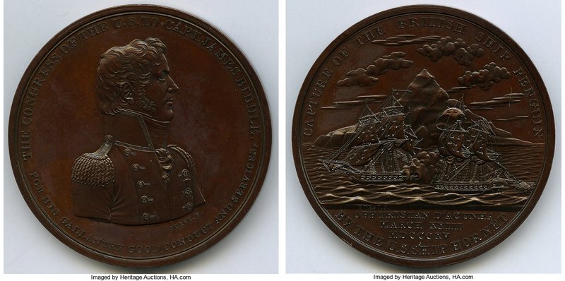 "Captain James Biddle" bronze Medal 1815 UNC, Julian-NA-5. 65mm. 138.62gm. By Mo...