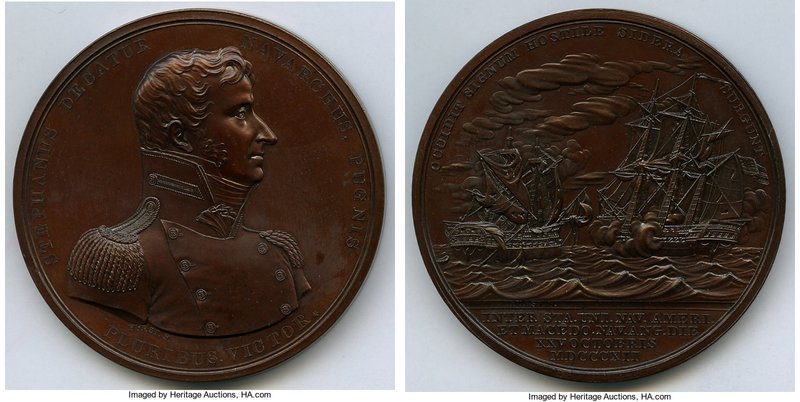 "Capt. Stephen Decatur, Jr." bronze Medal 1812 UNC, Julian-NA-9. 65mm. 134.64gm....