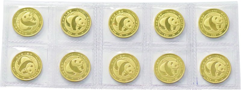 China; Panda 1/10oz Gold 10 Yuan 10-Pieces Original Sheet. 1983. . UNC. 3.11g. 0...