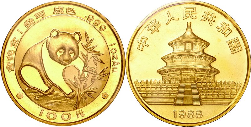 China; Panda 1oz Gold 100 Yuan. 1988. . UNC. 31.00g. 0.999. 32.00mm. KM187