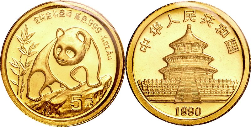 China; Panda 1/20oz Gold 5 Yuan. 1990. . UNC. 1.56g. 0.999. 14.00mm. KM268