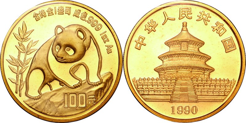 China; Panda 1oz Gold 100 Yuan. 1990. . UNC. 31.10g. 0.999. 32.00mm. KM272