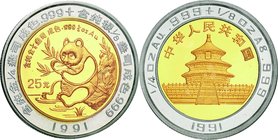 China; Panda Bi-Metallic Gold and Silver Proof 25 Yuan. 1991. . Proof. AU 7.77g AG 3.88g. . 30.00mm. KM348