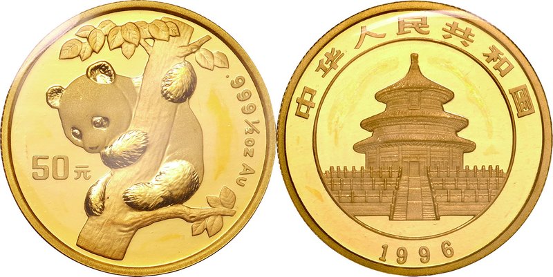 China; Panda 1/2oz Gold 50 Yuan. 1996. . UNC. 15.55g. 0.999. 27.00mm. KM886