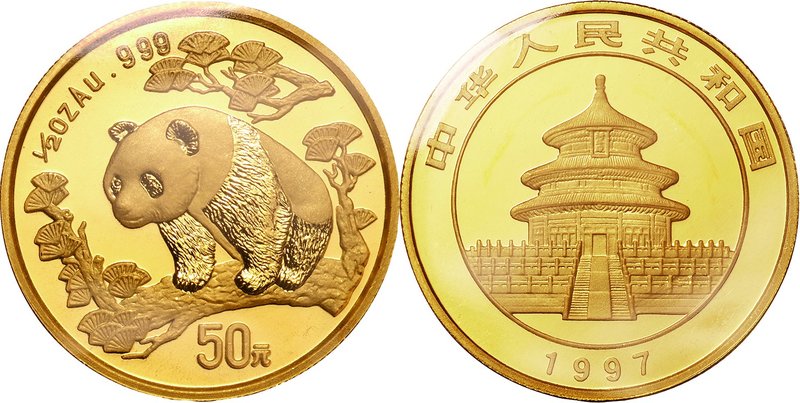 China; Panda 1/2oz Gold 50 Yuan. 1997. . UNC. 15.55g. 0.999. 27.00mm. KM990