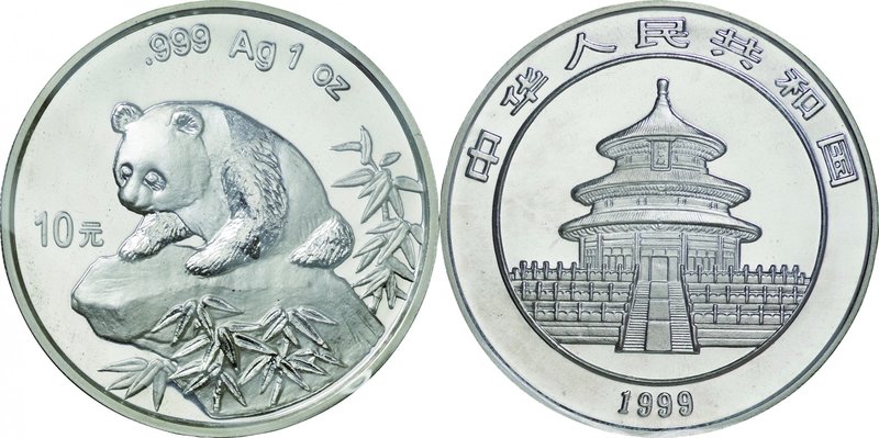 China; Panda Silver 10 Yuan. 1999. . UNC. 31.10g. 0.999. 40.00mm. KM1216