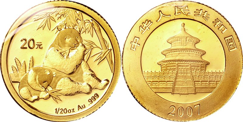China; Panda 1/20oz Gold 20 Yuan. 2007. . UNC. 1.56g. 0.999. 14.00mm. KM1707