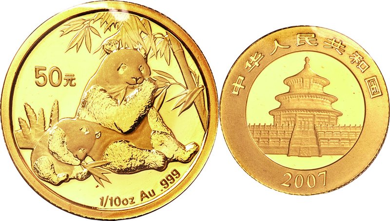 China; Panda 1/10oz Gold 50 Yuan. 2007. . UNC. 3.10g. 0.999. 18.00mm. KM1709