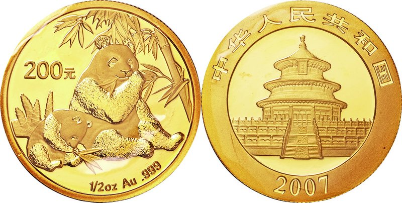 China; Panda 1/2oz Gold 200 Yuan. 2007. . UNC. 15.55g. 0.999. 27.00mm. KM1711