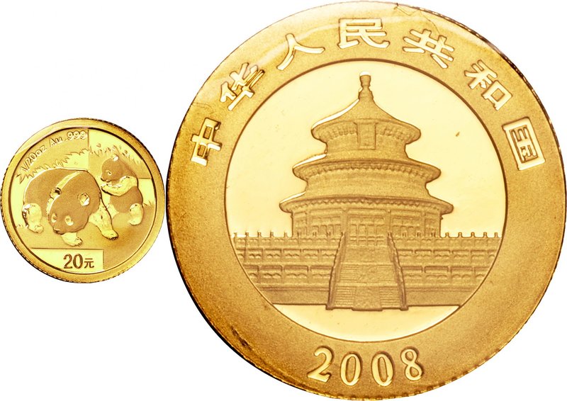 China; Panda 1/20oz Gold 20 Yuan. 2008. . UNC. 1.56g. 0.999. 14.00mm. KM1815