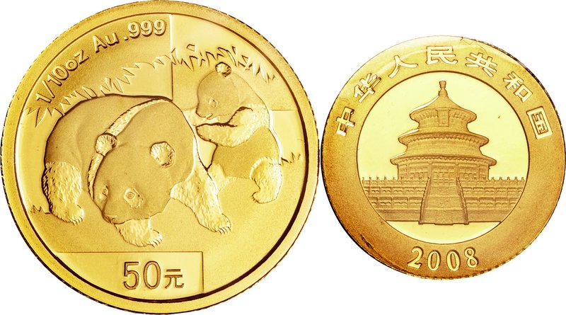 China; Panda 1/10oz Gold 50 Yuan. 2008. . UNC. 3.10g. 0.999. 18.00mm. KM1816