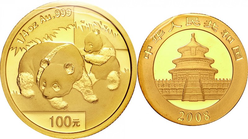 China; Panda 1/4oz Gold 100 Yuan. 2008. . UNC. 7.77g. 0.999. 22.00mm. KM1818