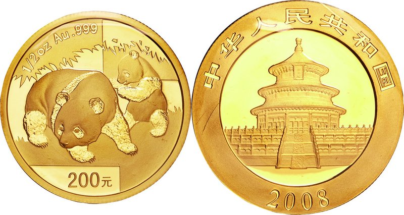 China; Panda 1/2oz Gold 200 Yuan. 2008. . UNC. 15.55g. 0.999. 27.00mm.