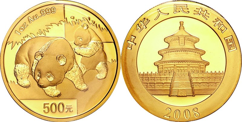 China; Panda 1oz Gold 500 Yuan. 2008. . UNC. 31.10g. 0.999. 32.00mm. KM1821