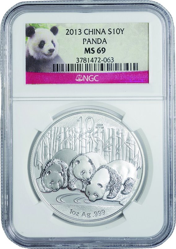 China; Panda Silver 10 Yuan. 2013. NGC MS69. FDC. 31.10g. 0.999. 40.00mm.