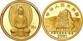 China; Chinese Grottoes Art Gold Proof 50 Yuan. 2001. . Proof. 3.11g. 0.999. 18.00mm. KM1389 w/o Cert