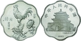 China; Year of the Rooster Scalloped Silver Proof 10 Yuan. 1993. . Proof. 20.75g. 0.9. 36.00mm. KM511