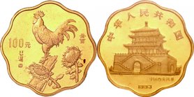 China; Year of the Rooster Scalloped Gold Proof 100 Yuan. 1993. . Proof. 16.97g. 0.916. 27.00mm. KM515