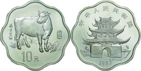 China; Year of the Ox Scalloped Silver Proof 10 Yuan. 1997. . Proof. 20.75g. 0.9. 36.00mm. KM1014