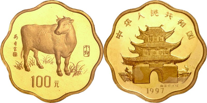 China; Year of the Ox Scalloped Gold Proof 100 Yuan. 1997. . Proof. 16.97g. 0.91...