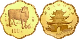 China; Year of the Ox Scalloped Gold Proof 100 Yuan. 1997. . Proof. 16.97g. 0.916. 27.00mm. KM1015