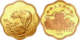 China; Year of the Tiger Scalloped Gold Proof 100 Yuan. 1998. . Proof. 16.97g. 0.916. 27.00mm. KM1149